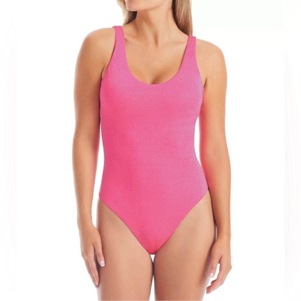 NWT Jessica Simpson Pop Pink Glitter Bomb One Piece Scoop Back Swimsuit. Size XL